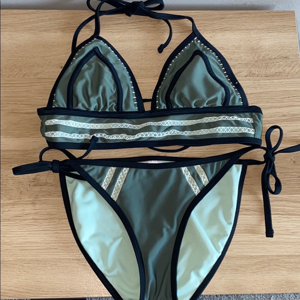 Army green crocheted detail two piece swim suit